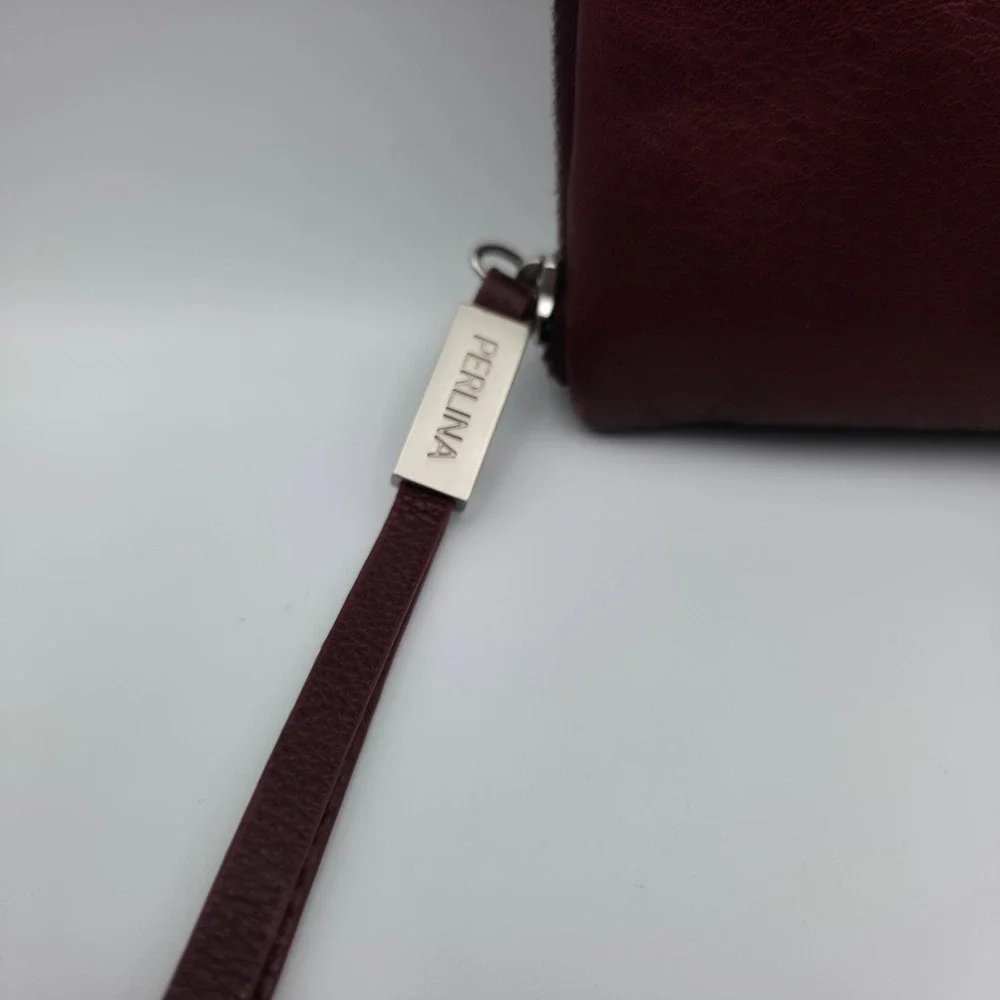 Perlina New York Burgundy Leather Zip Around Wallet Leopard Print Interior